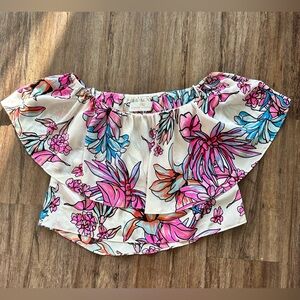 Amanda Uprichard Kiara Off The Shoulder Silk Top in Linework Floral. Size P (XS)